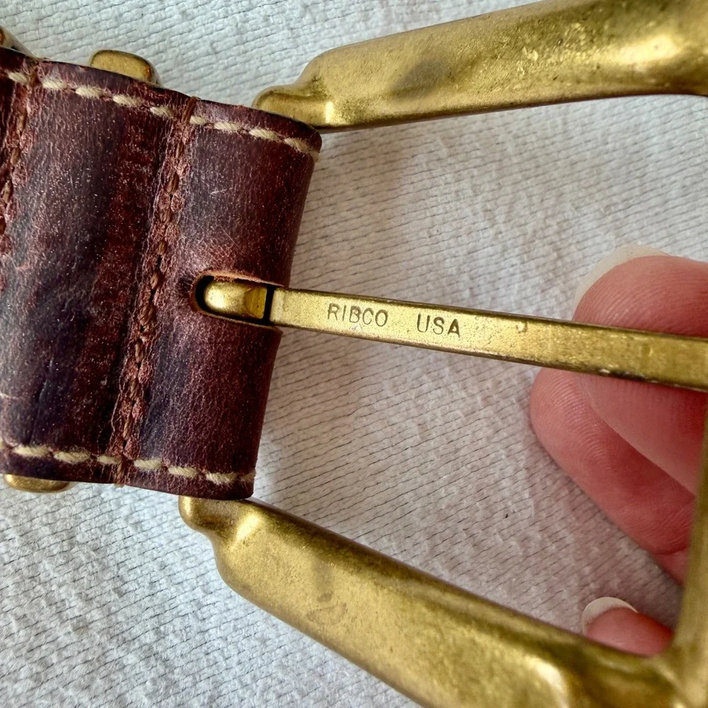 Merona Brown Leather Beaded Embroidered Belt Large T526100 Brass Buckle Uruguay